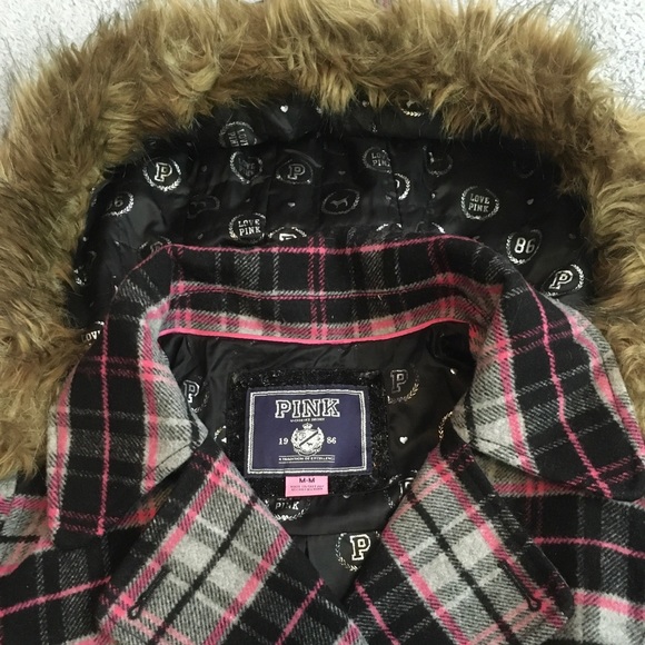 Y2K~PINK Victoria’s Secret Pink Plaid wool coat M - Picture 5 of 9